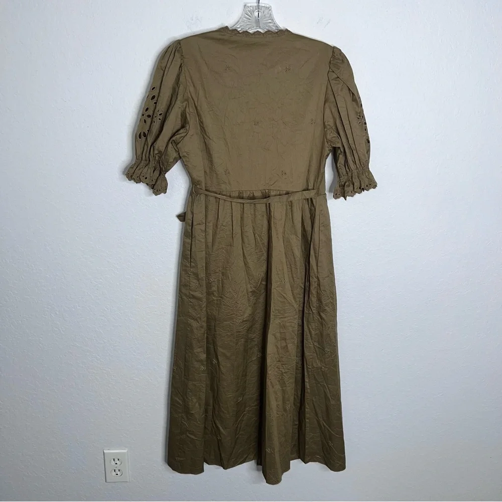 Coach Midi Dress Women’s 4 Eyelet Wrap Milkmaid Cottage Pockets Olive FF